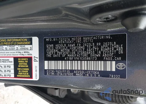 2012 Toyota Camry Se from USA, damaged, VIN 4T1BF1FK1CU586173